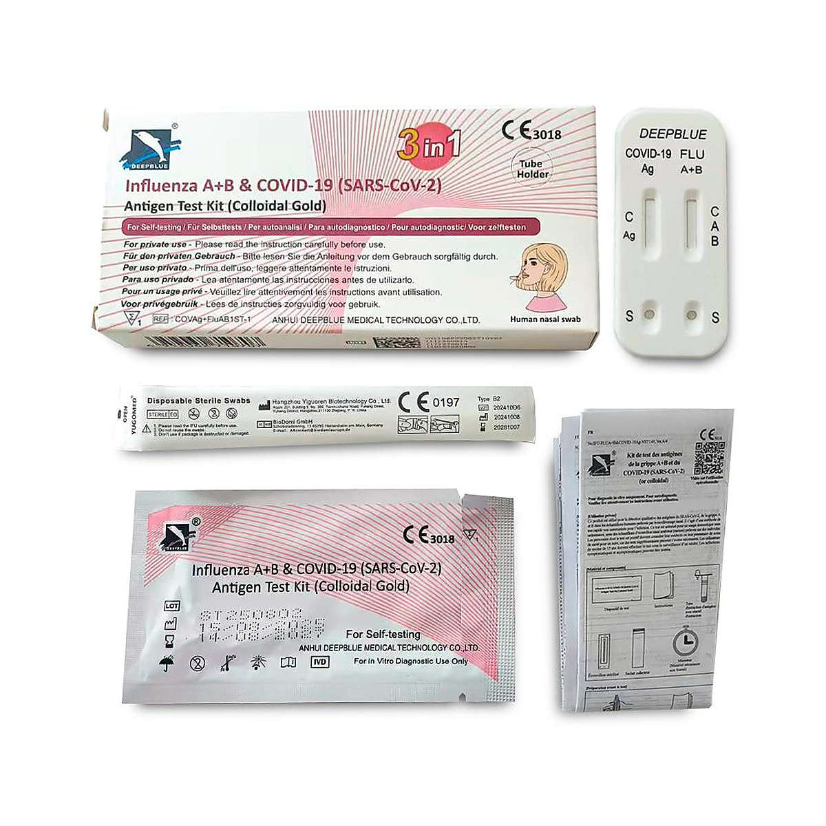 Pack 5 Test de antígenos 3 en 1 rápido COVID-19 y Gripe A y B Deepblue